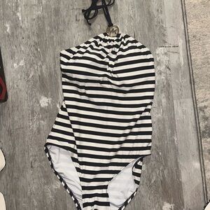 MK size 8 one piece swimsuit navy / white stripes, removable pads included.